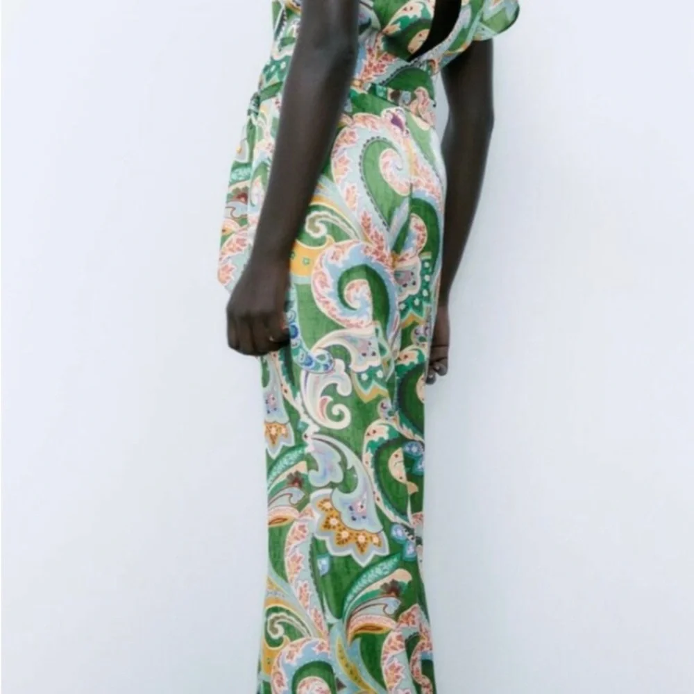 ZARA Green Paisley BOHO Belted Wide-Leg Jumpsuit Size Small NWT 🍃 - Picture 5 of 10
